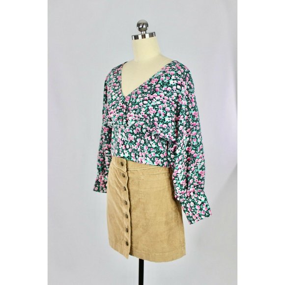 ZARA Green Pink Floral Print Cropped Smocked Puff Sleeve Blouse Top, Size L - Picture 5 of 8
